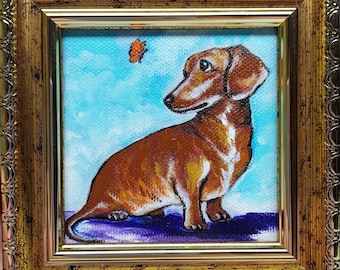 Dachshund Painting Original Framed Brown Dog Artwork Сute Puppy animals art