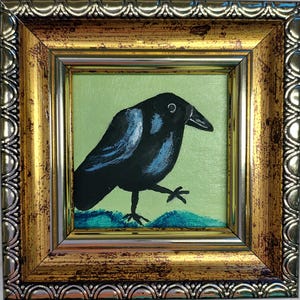 Crow mini Painting Bird oil Painting Raven Wall Art Golden Framed Painting Black Bird Artwork