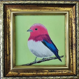 Pink bird painting Cute bird painting Golden Framed Art Bird Small art bird lover gift