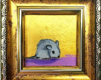 Mouse Painting Original, Miniature Framed Animal Art Small Artwork, 2x2 inches