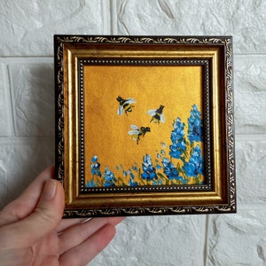 Bee Painting Bumblebee on Flower Painting Gold Framed Miniature ...