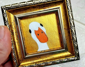 White Goose Painting, Original Bird Art, Miniature Oil Painting, Framed Gift