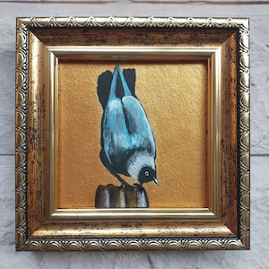Crow Small painting Gray Bird crow art Raven portrait Wall Art Golden Painting Framed Bird Artwork