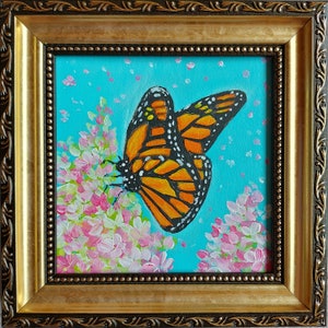 Butterfly Monarch oil painting original 4x4 Gold framed painting Butterfly mini picture Butterfly wall art best friend gift