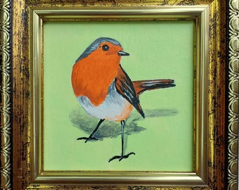 額入りロビン鳥の絵画、リアルな鳥の油絵、赤い鳥のオリジナルアート