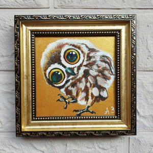 Original Owl Painting: Golden Miniature Artwork, Framed Bird Wall Art