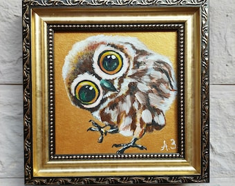 Owl bird painting original Golden small artwork framed Bird owl wall art Best friend gift for women
