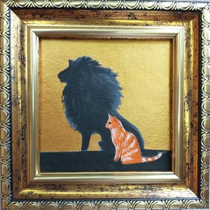 Orange сat painting Cat with lion&#39;s shadow artwork original Framed art Funny cat handmade art Mini cat painting 3x3 in