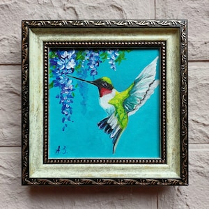 Hummingbird painting original Bird oil painting Framed Painting 4x4 Ruby throated Artwork Hummingbird gifts Hummingbird Wall Art