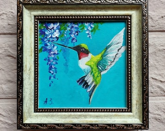 Hummingbird painting original Bird oil painting Framed Painting 4x4 Ruby throated Artwork Hummingbird gifts Hummingbird Wall Art