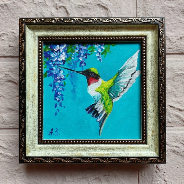 Hummingbird painting original Bird oil painting Framed Painting 4x4 Ruby throated Artwork Hummingbird gifts Hummingbird Wall Art