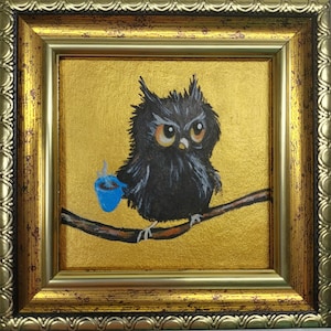 Owl and coffee painting original Golden painting Small bird artwork framed Funny owl wall art Best friend gift
