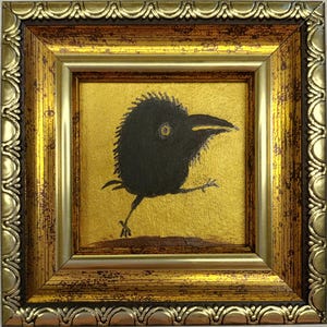 Crow Painting Bird mini oil Painting Raven Wall Art Golden Painting Framed Black Bird Artwork