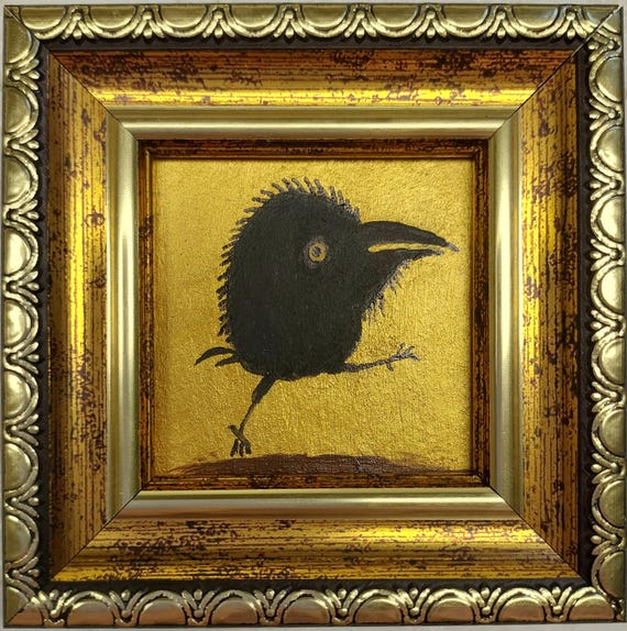 Miniature Crow Oil Painting: Gift, Bird Art, Golden Framed 2x2 inches