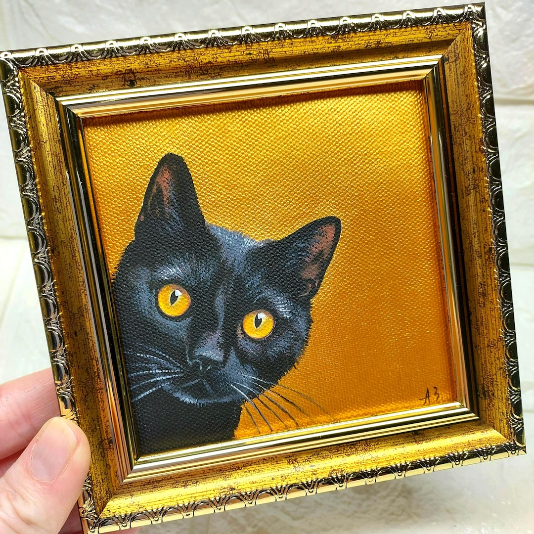 Black Cat Oil Painting on Canvas Pet Portrait Kitty Art Original Framed ...
