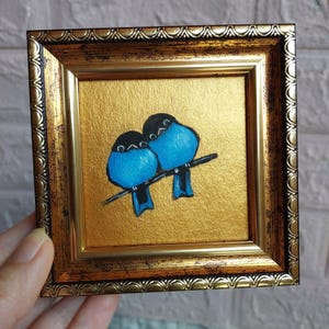 Blue Bird Painting Couple birds Golden FRAMED Small Hand Painted Original Bird picture