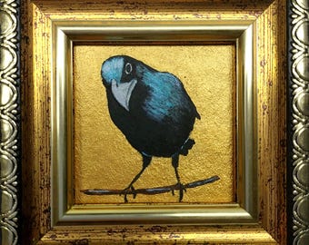 Crow Miniature Oil Painting: Funny Bird Art, Golden Framed, Gift