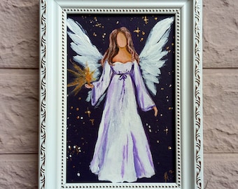 Angel oil painting Guardian angel artwork Framed Religious original art White wings spiritual Goddaughter gifts