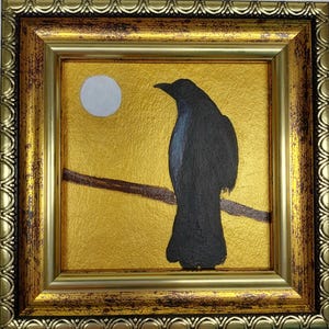 Crow Painting Crow with moon Raven Wall Art Black Bird artwork small hand painting Golden Painting Framed