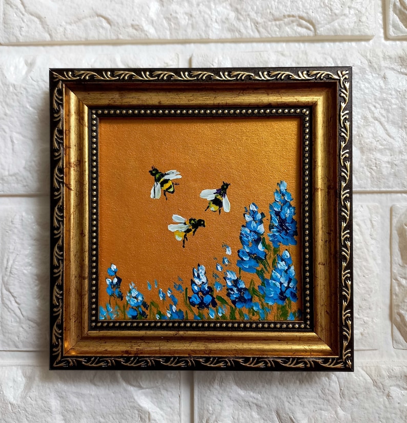 Bee Painting Bumblebee on Flower Painting Gold Framed Miniature Original Art Honeybee Small Wall Art Honey bee gifts