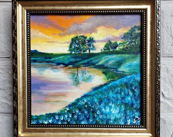 Texas Bluebonnet Painting Original Evening Landscape Texas Hill Country Artwork Gold Framed Painting Texas Lake Art Ukrainian artist