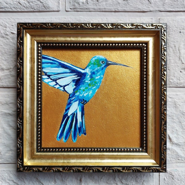 Hummingbird Oil Painting Original Bird 4x4 Painting Gold Frame Small Artwork Blue Hummingbird Art