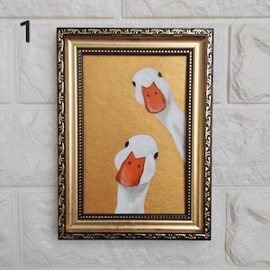 Couple goose Painting Original White Geese Hand-Painted Duck painting FRAMED