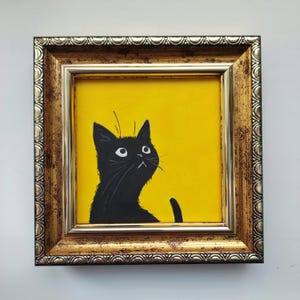 Black cat painting original Сat portrait artwork Framed mini art Funny cat handmade art cat painting 3x3 in