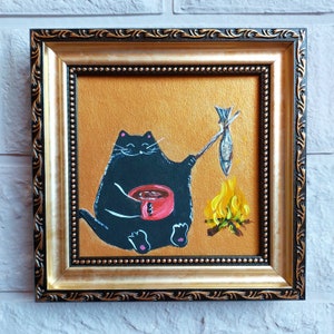 Black cat and fish oil Painting gold original artwork framed Funny cat is frying fish painting original framed art animals