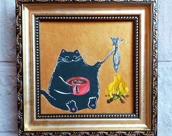 Black cat and fish oil Painting gold original artwork framed Funny cat is frying fish painting original framed art animals