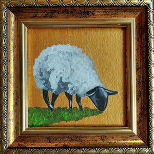 Sheep painting original Farm animals art Portrait sheep artwork Golden Framed Small Animals Art