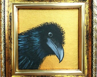 Crow Oil Painting, Raven Art, Small Gold Frame Blackbird Artwork, Gothic Dark Home Decor