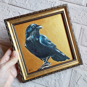 Crow Painting Bird Original Oil Painting Raven Wall Art Golden Painting Framed Black Bird Artwork