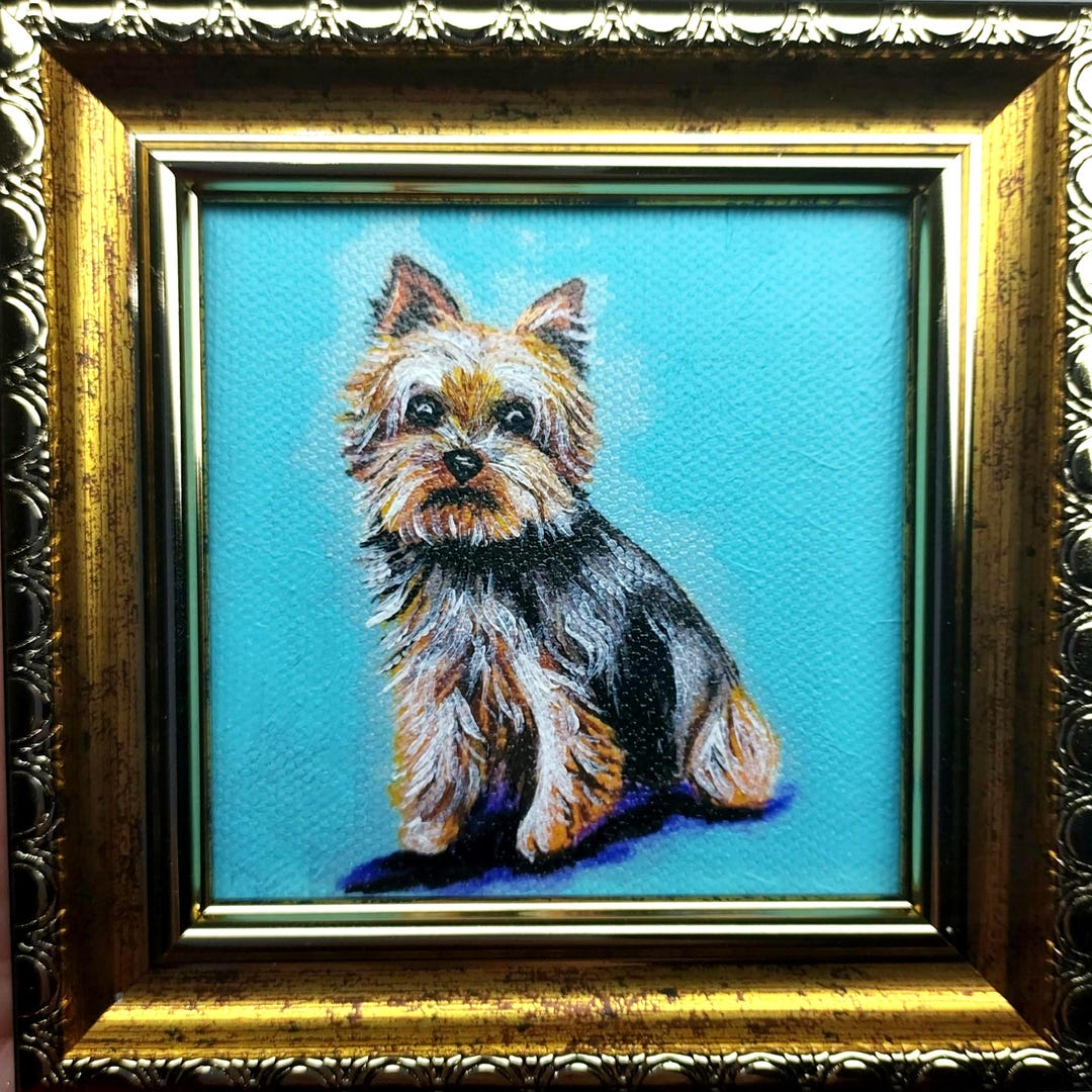 Yorkie Portrait Painting Original, Gift, Framed Dog Puppy Canvas Art ...
