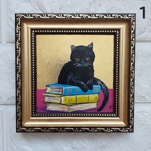 Black cat painting Funny kitty art gold leaf original artwork framed small painting animals