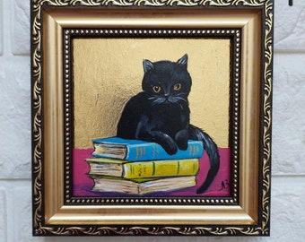 Black cat painting Funny kitty art gold leaf original artwork framed small painting animals