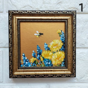 Framed Honeybee Oil Painting: Miniature Bee Art, 4x4 Original