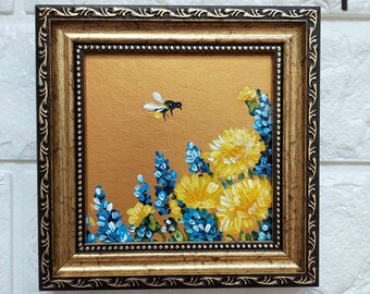 蜂のアートワーク 額入り油絵 オリジナル 2x2、ミニ蜂の絵画 油絵 黄色 