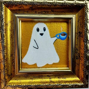 Ghost Coffee Painting, Halloween Wall Art, Original Oil Painting, Small Signed Artwork, Spooky Gift