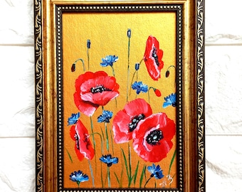 Original Poppy & Cornflower Oil Painting - Red Flowers Art Gold Frame