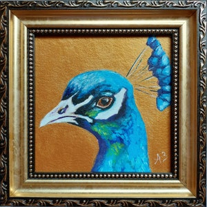 Peacock painting original portrait Blue bird artwork small Framed gold art Small Bird lover gift Art Ukrainian artist