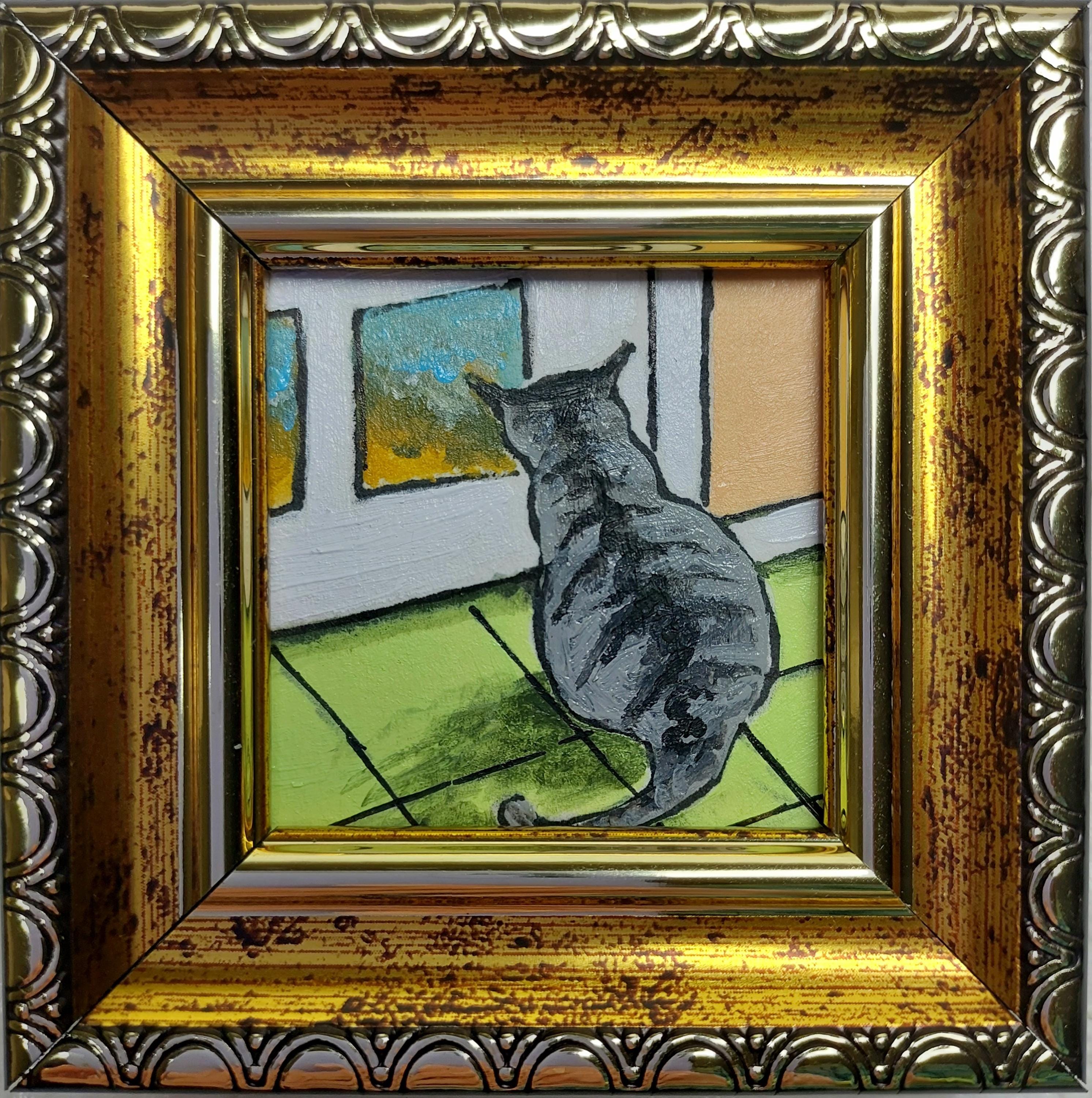 Gray cat painting original Framed art Funny cute kitten on the window handmade art Mini painting 2x2 in