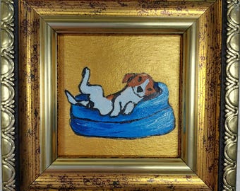 額入り茶色の犬の肖像画油絵：面白い顔の子犬の肖像画（2 x 2インチ