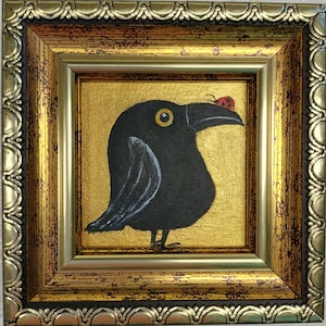 Crow Painting Bird mini oil Painting Crow with a ladybug art Raven Wall Art Golden Painting Framed Black Bird Artwork