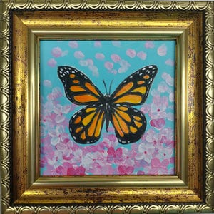 Butterfly Monarch oil painting original 3x3 Gold framed painting Butterfly small picture Butterfly wall art best friend gift