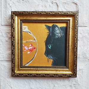 Black cat and fish an aquarium oil Painting gold original artwork framed Black cat painting original framed art animals
