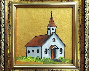 Framed Church Painting, Miniature Religious Oil Artwork, 3x3 inches, Gift for Friends