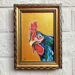Rooster painting Original painting Small oil painting Chicken painting Farm animals artwork Golden Framed Painting Farmhouse wall décor