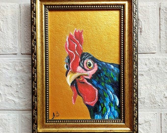 Rooster painting Original painting Small oil painting Chicken painting Farm animals artwork Golden Framed Painting Farmhouse wall décor