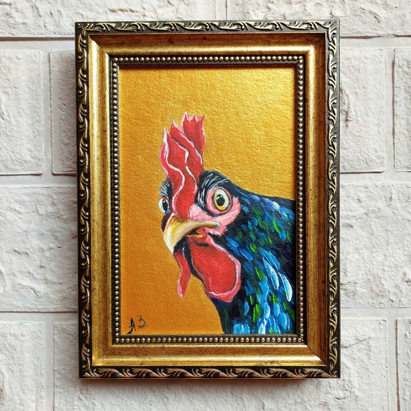 Rooster painting Original painting Small oil painting Chicken painting Farm animals artwork Golden Framed Painting Farmhouse wall décor